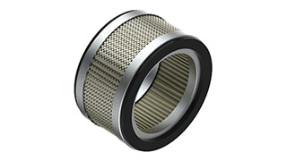 A cylindrical air filter with a mesh exterior.