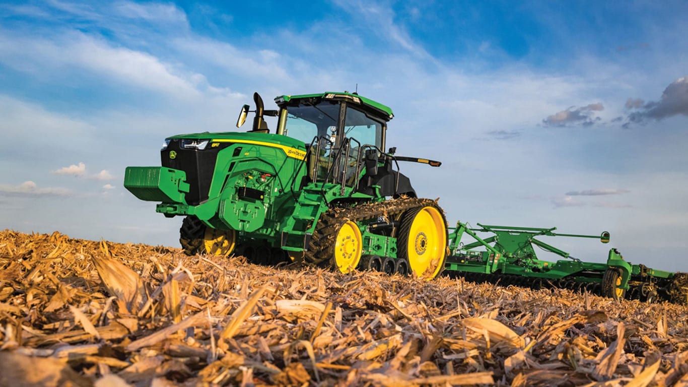 8RT Tractor in harvested corn field