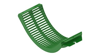A curved green separator grate for threshing.