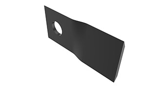A metal mower blade with a mounting hole.