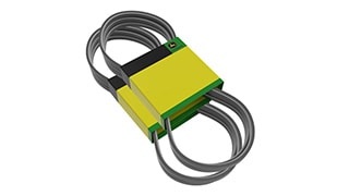 A coiled rubber belt with a yellow band.