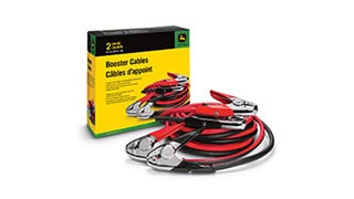 John Deere booster cables coiled in front of the product box.