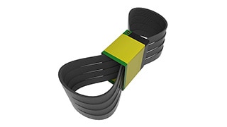 A coiled rubber drive belt with a yellow band.