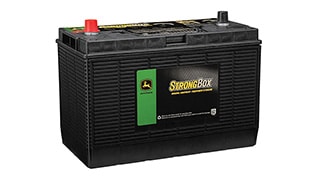 A black John Deere equipment battery.