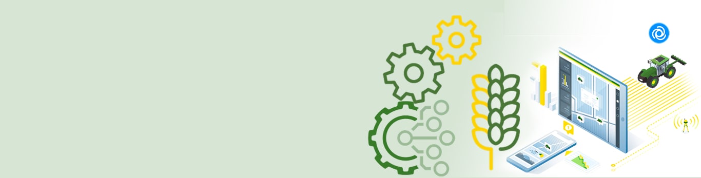 Technology graphic representing tractor in field connected to accounts on desktop and mobile