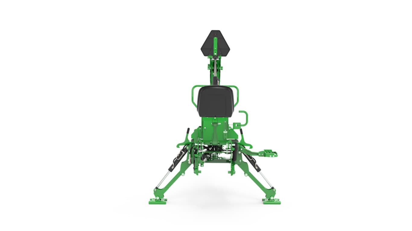 A rear-facing studio shot of a green backhoe implement on a white background.