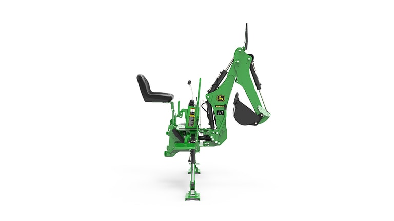 A right-facing studio shot of a green backhoe implement on a white background.