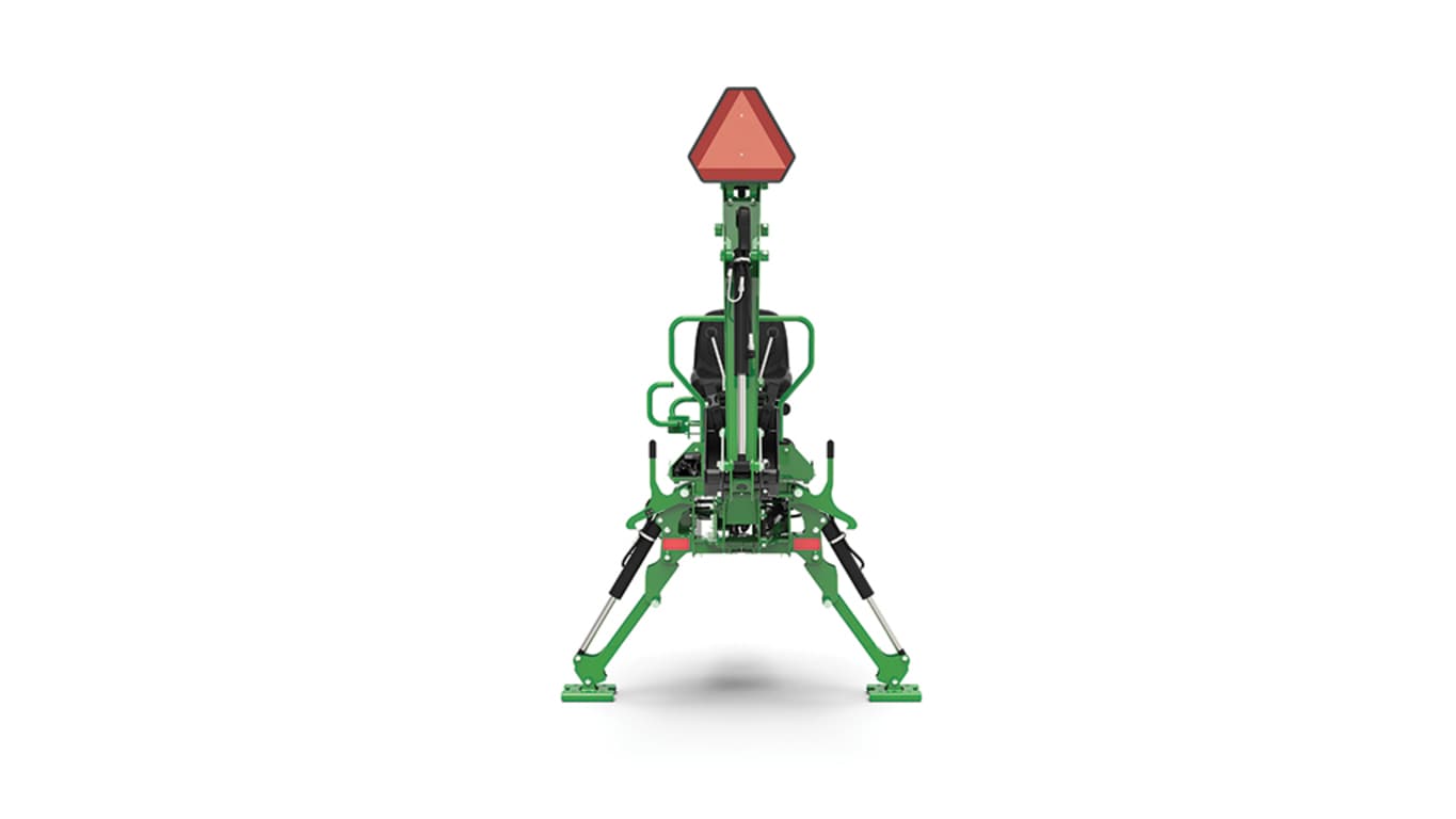 A front-facing studio shot of a green backhoe implement on a white background.