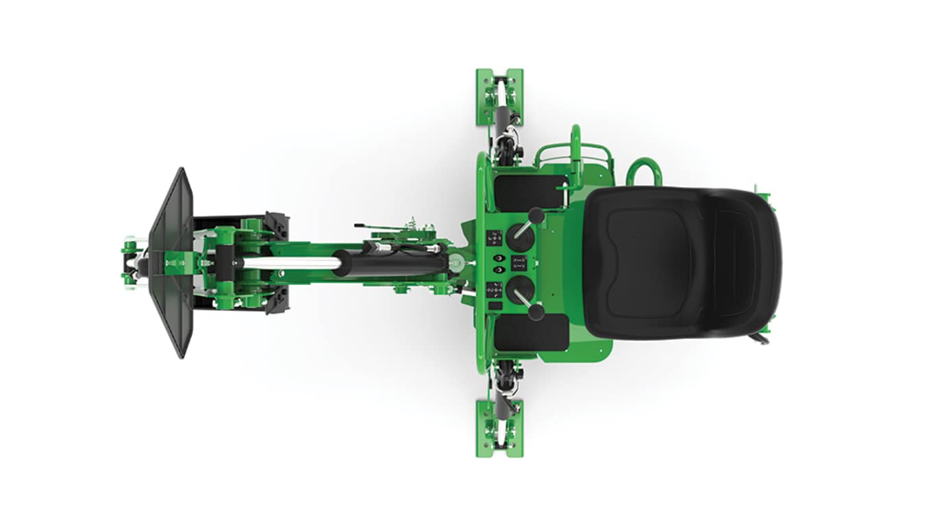 A top-down studio shot of a green backhoe implement on a white background.