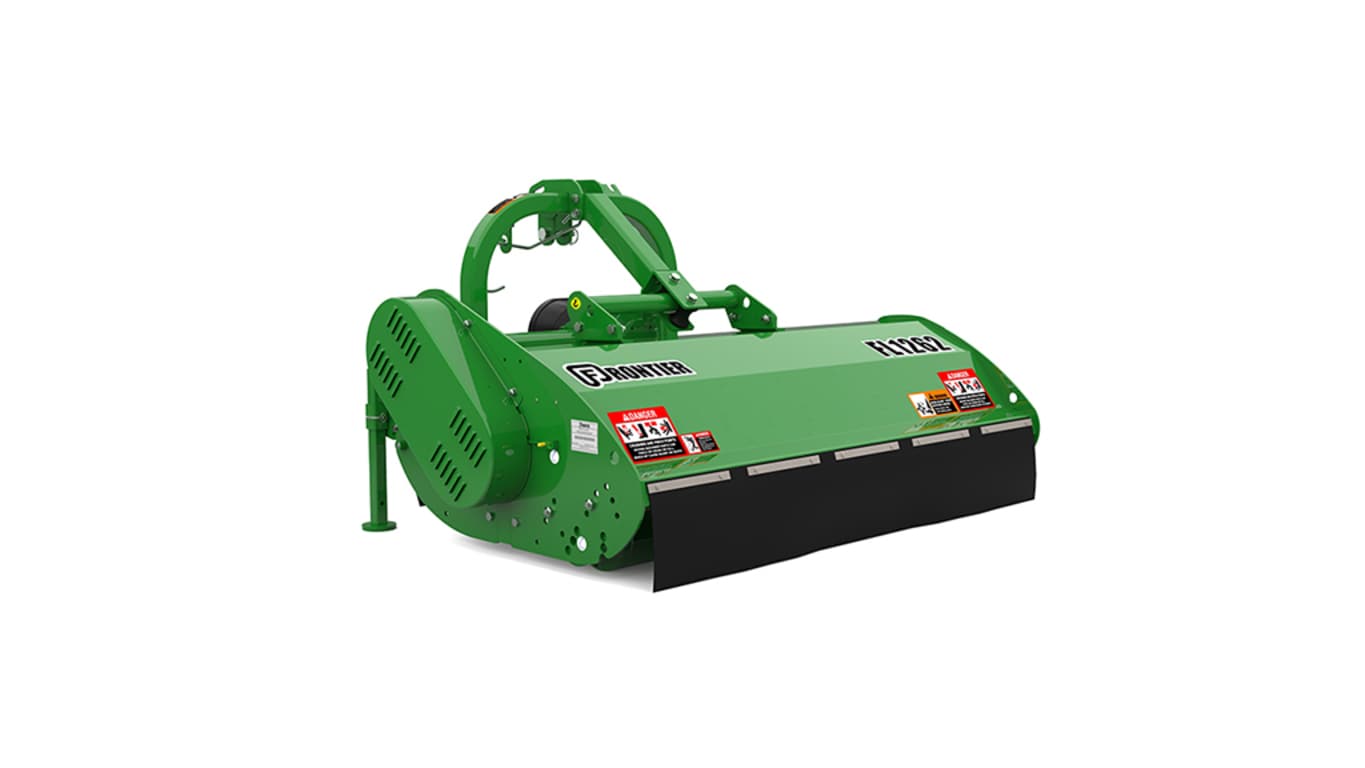 Green Frontier FL1262 implement with warning labels and black safety flap.