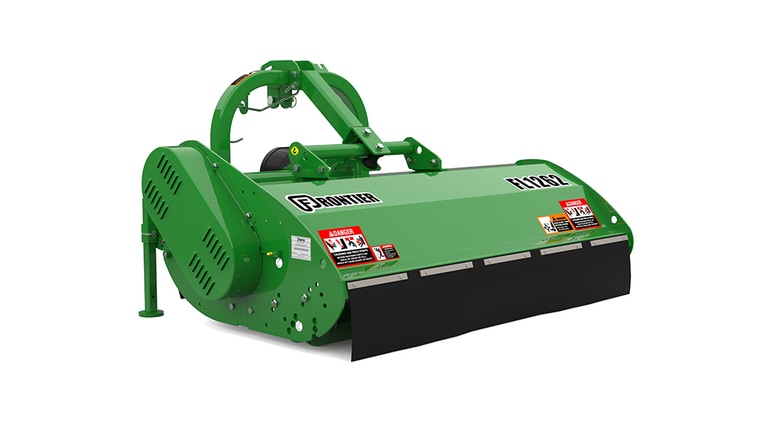 Green Frontier FL1262 implement with warning labels and black safety flap.