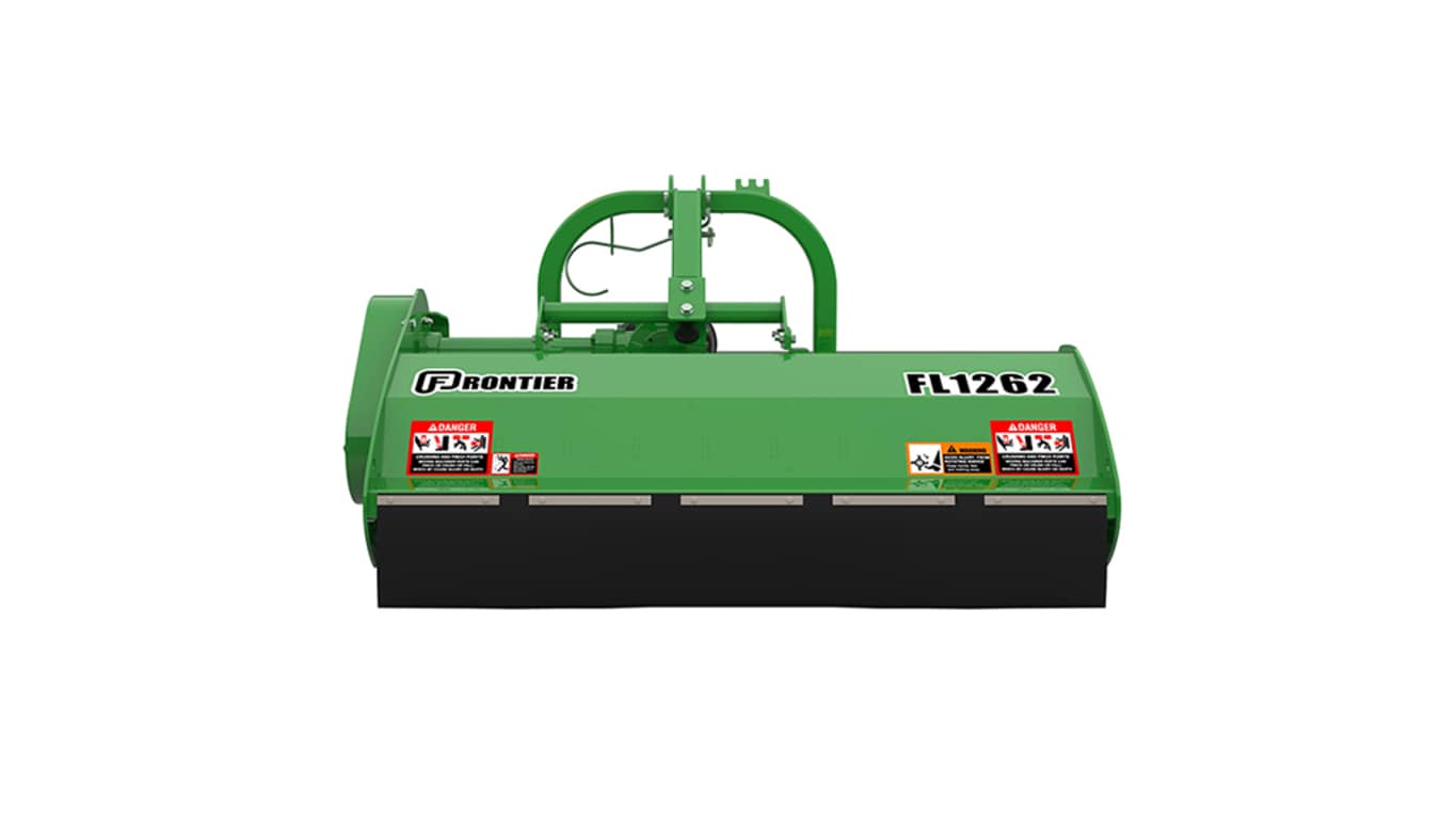 Green Frontier FL1262 implement with front warning labels.