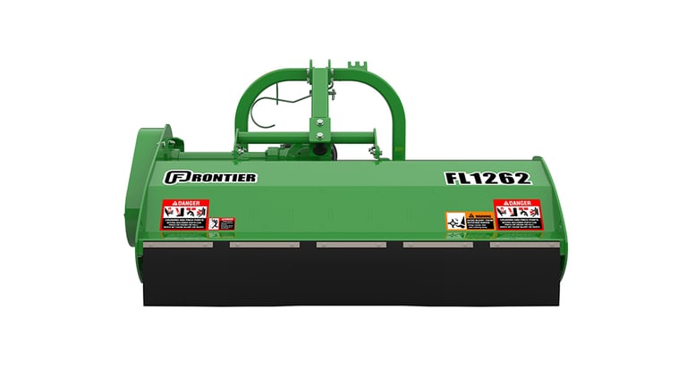 Green Frontier FL1262 implement with front warning labels.
