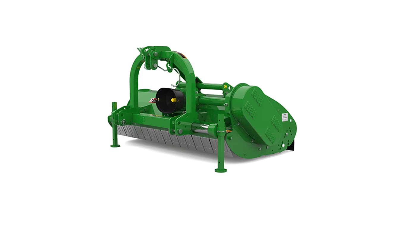 Green mower with rotating blades and safety cover for cutting vegetation.