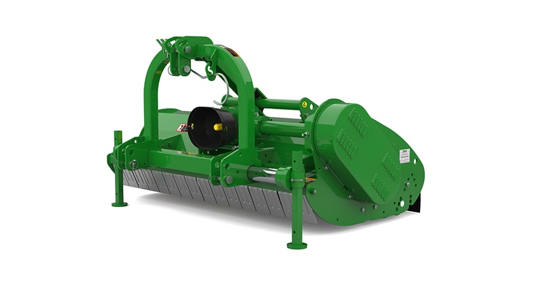 Green mower with rotating blades and safety cover for cutting vegetation.