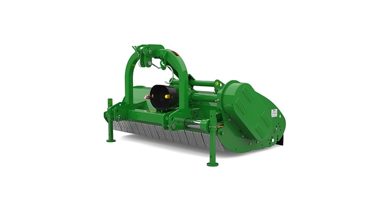 Green mower with rotating blades and safety cover for cutting vegetation.