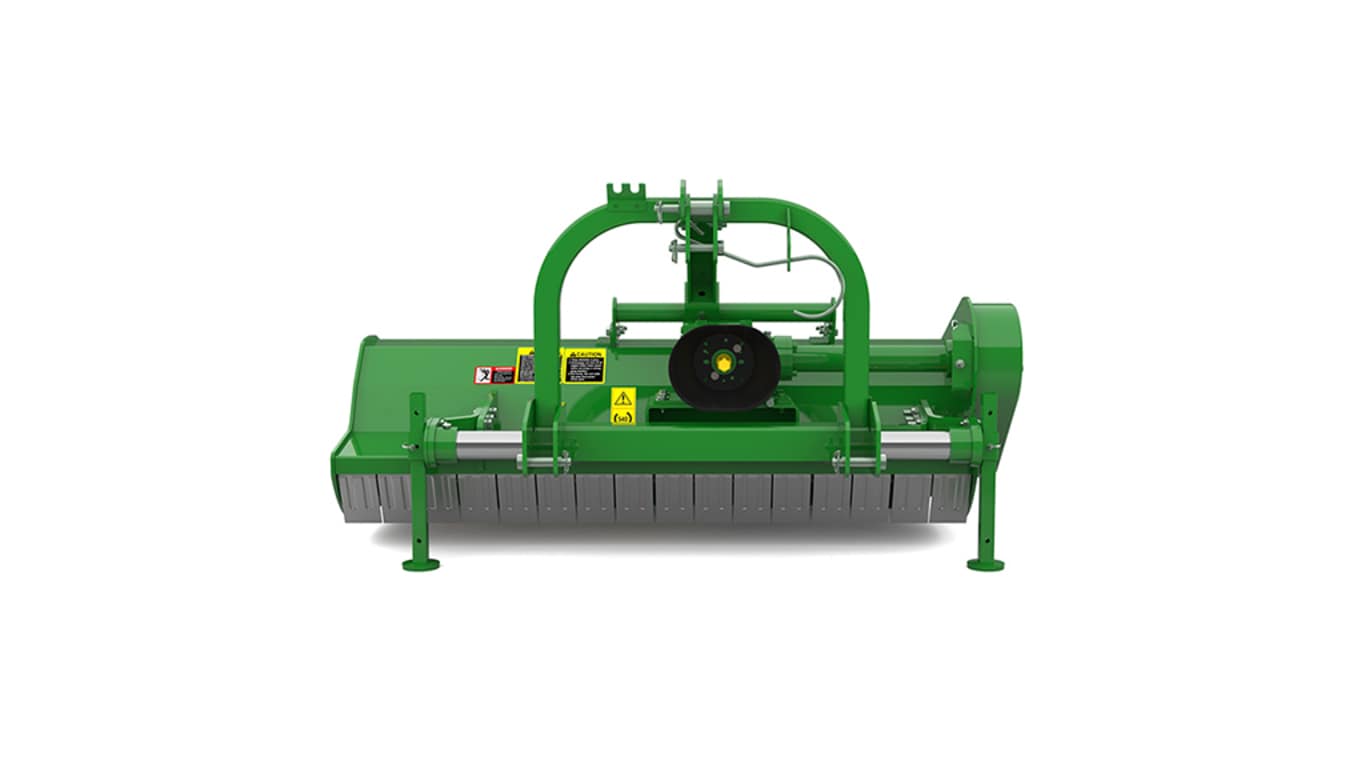 Front view of green agricultural machine with visible safety warning labels.