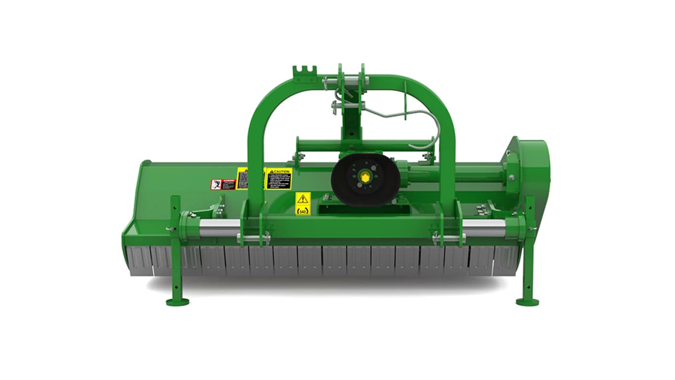 Front view of green agricultural machine with visible safety warning labels.