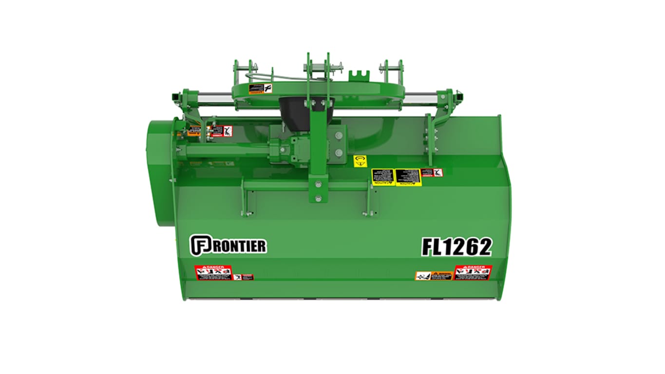 Green Frontier FL1262 implement with warning labels and logos.