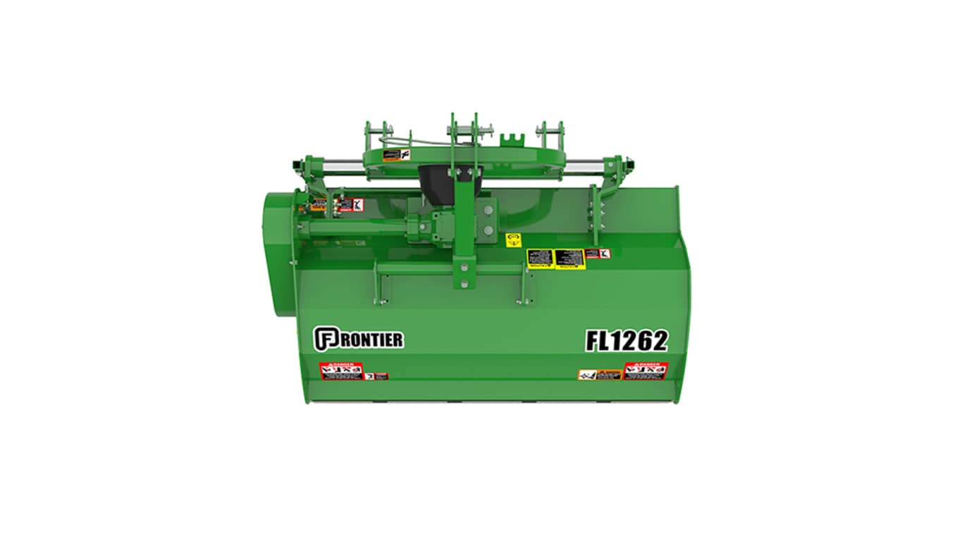 Green Frontier FL1262 implement with warning labels and logos.