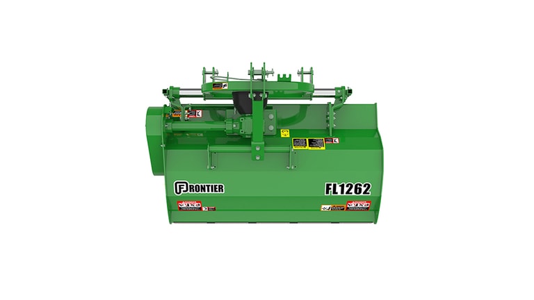 Green Frontier FL1262 implement with warning labels and logos.