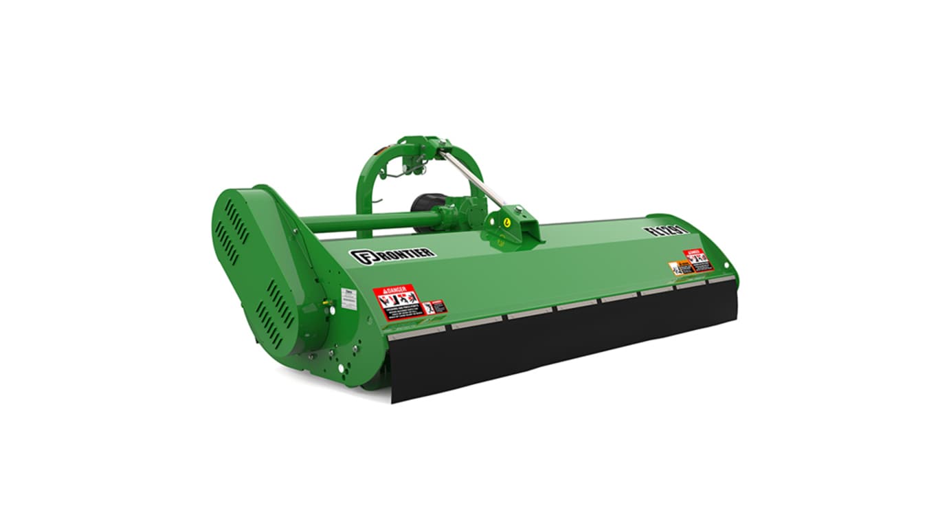 Green Frontier FL1291 rotary cutter with warning labels and black protective skirt.