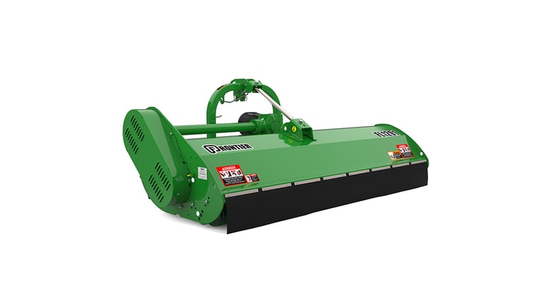 Green Frontier FL1291 rotary cutter with warning labels and black protective skirt.