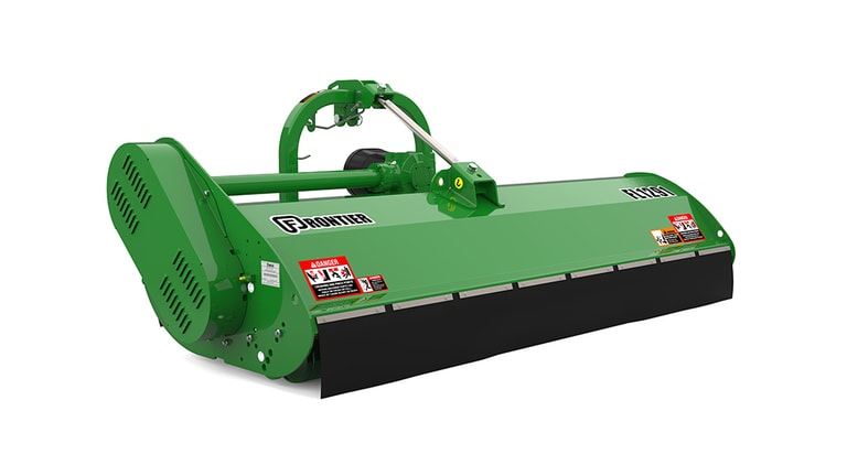 Green Frontier FL1291 rotary cutter with warning labels and black protective skirt.