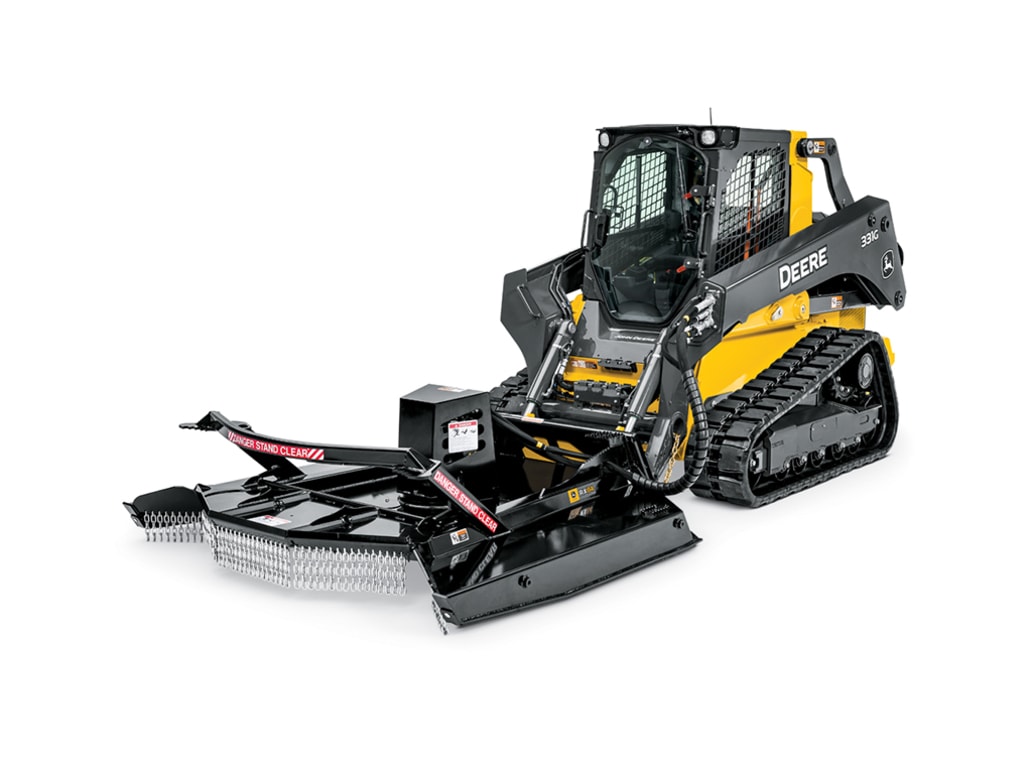 studio image of 331G compact track loader with RX84 rotary cutter attachment.