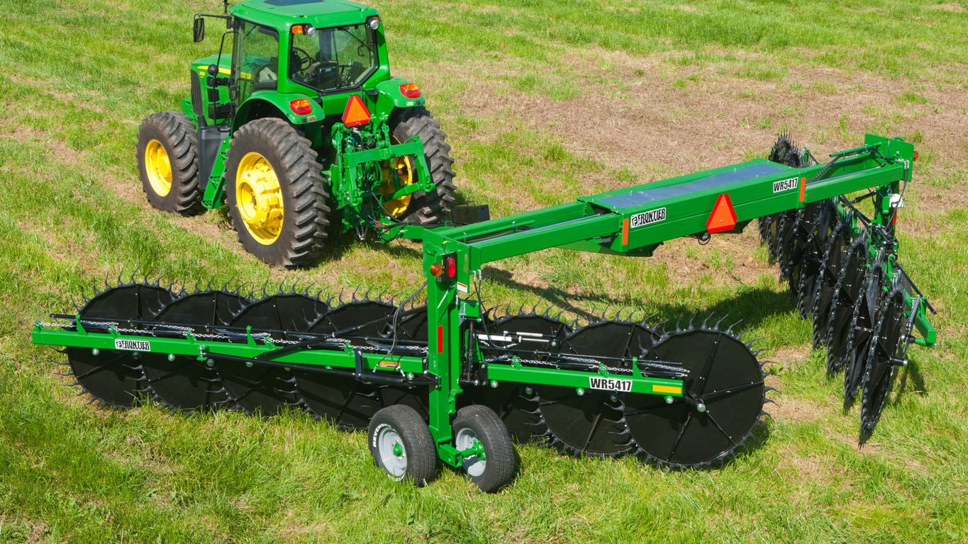 field image of Frontier™ wr54 wheel rake attached to a tractor
