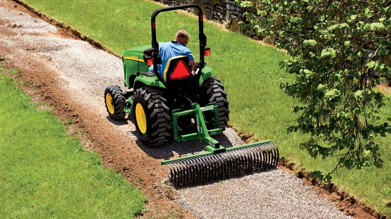 field image of Frontier LR20 series landscaping rake on a tractor
