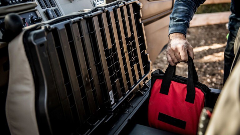 Storage area under the seat in the XUV835R Signature Edition.