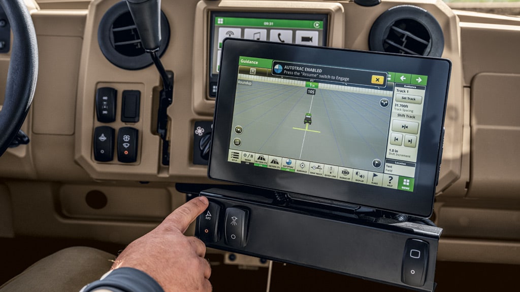Close up of G5 display in the cab of an XUV 845R