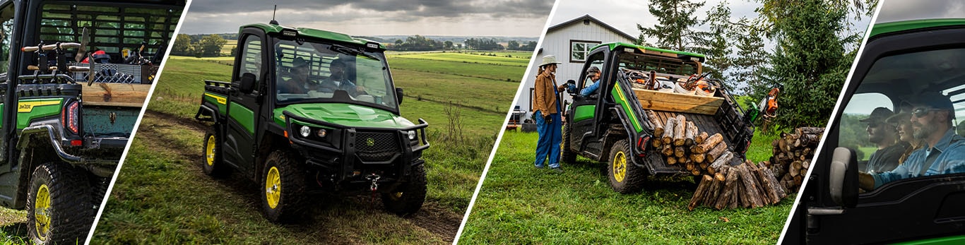 A collage of a green HVAC cabbed Gator doing various tasks; carrying cargo, dumping logs, and holding three passengers.