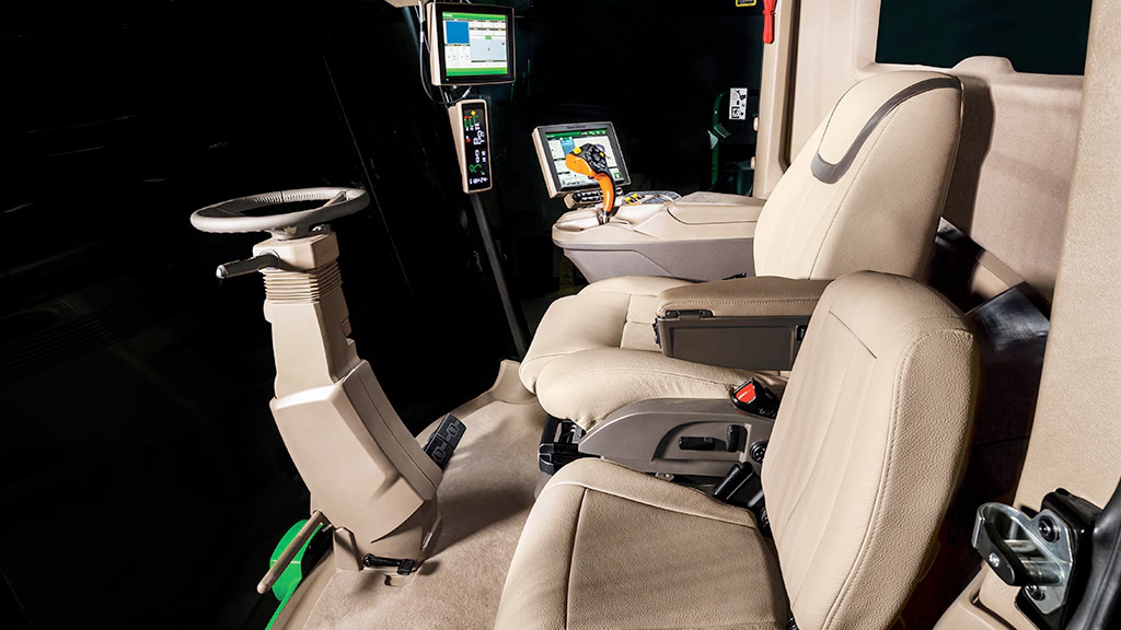 Interior of the 30% larger cab on the C770 Cotton Harvester