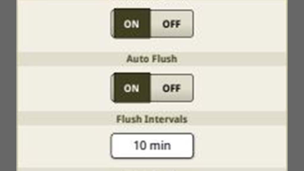Close-up screenshot showing the simple Auto Flush system interface from the in-cab display of a C770 Series Cotton Harvesters