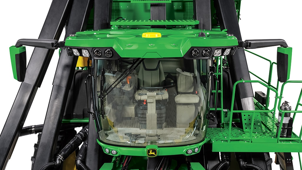 Image of the cab of a cotton harvester
