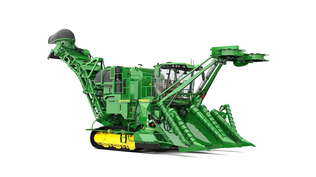 A studio photo of a CH960 Sugar Cane Harvester with tracks on a white, seamless setting.