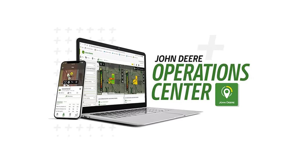 Studio shot of a laptop computer and mobile device and a John Deere Operations Center logo and icon.