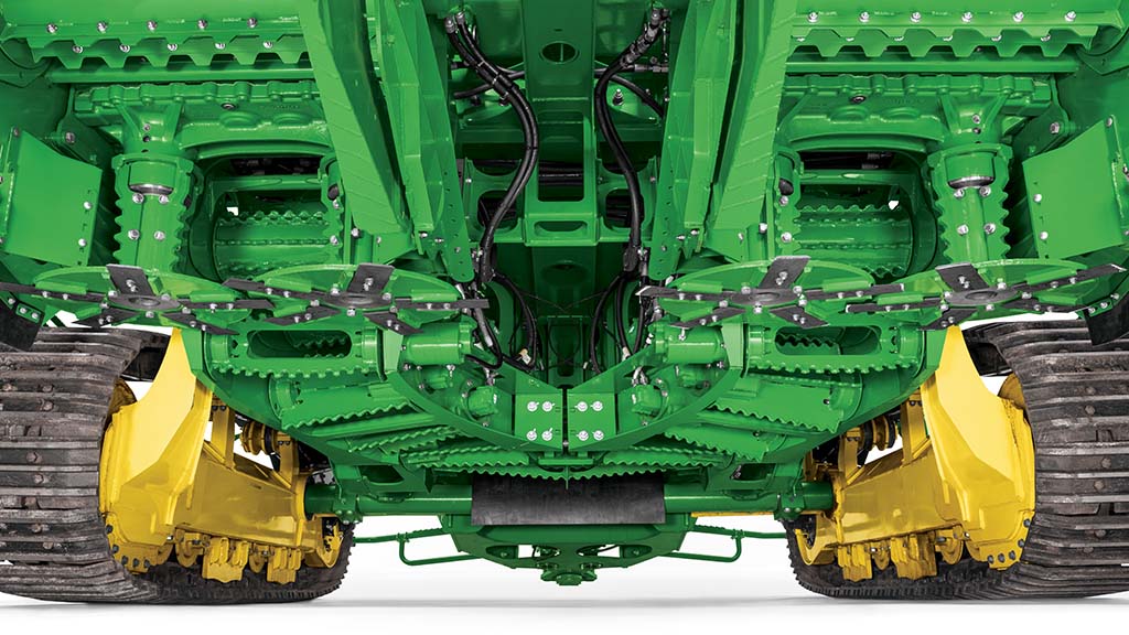 A close-up photo showing the redesigned split feed train system under a CH9 Sugar Harvester.