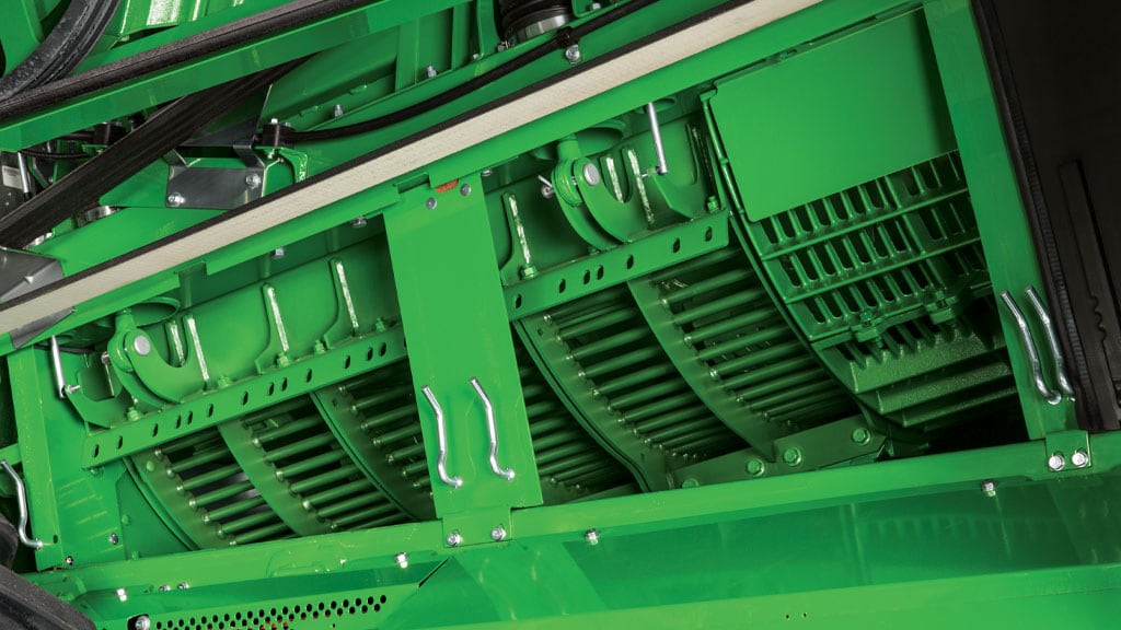 Close-up photo showing the easy-change concaves found on the John Deere X9 Combines
