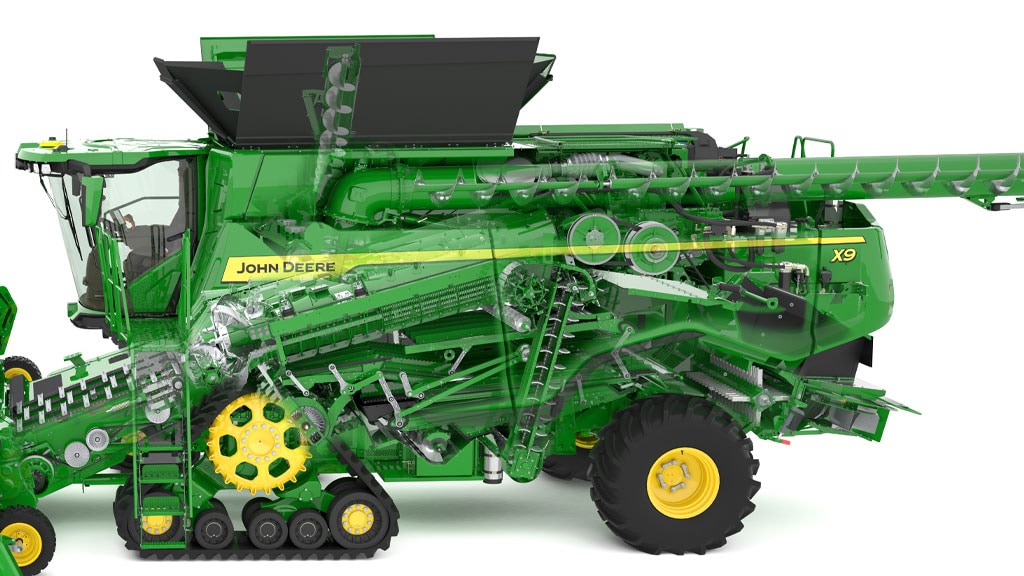 Photo/illustration showing internal systems that helps the John Deere X9 Combine use 20% less fuel