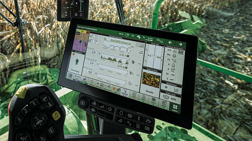 Close-up photo of a G5Plus CommandCenter™ Display showing the Harvest Settings Automation run page