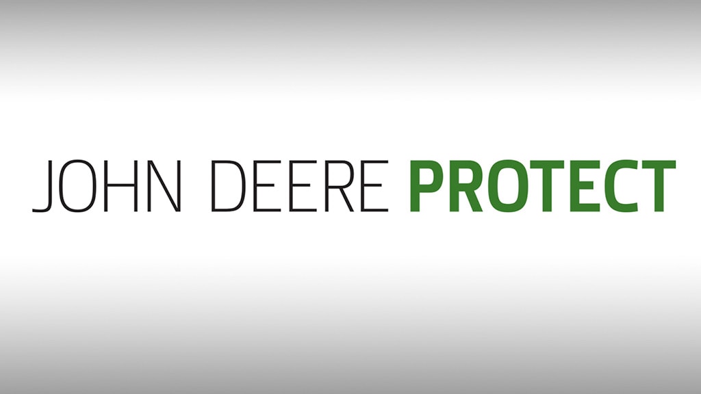 The words "John Deere Protect" against a simulated stainless steel background