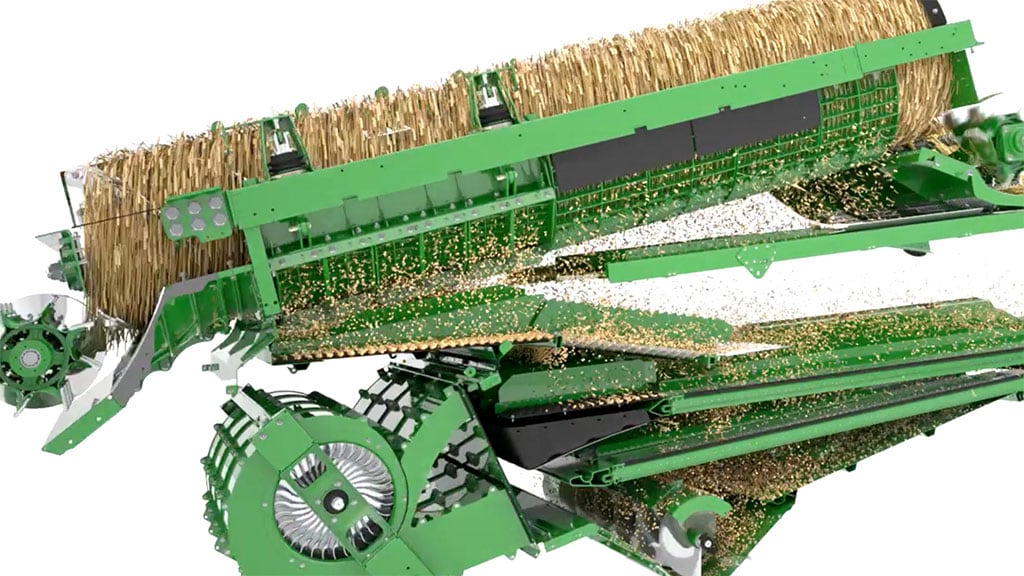 Photo showing the bigger threshing area of the X9 Combine. Shown on a white background