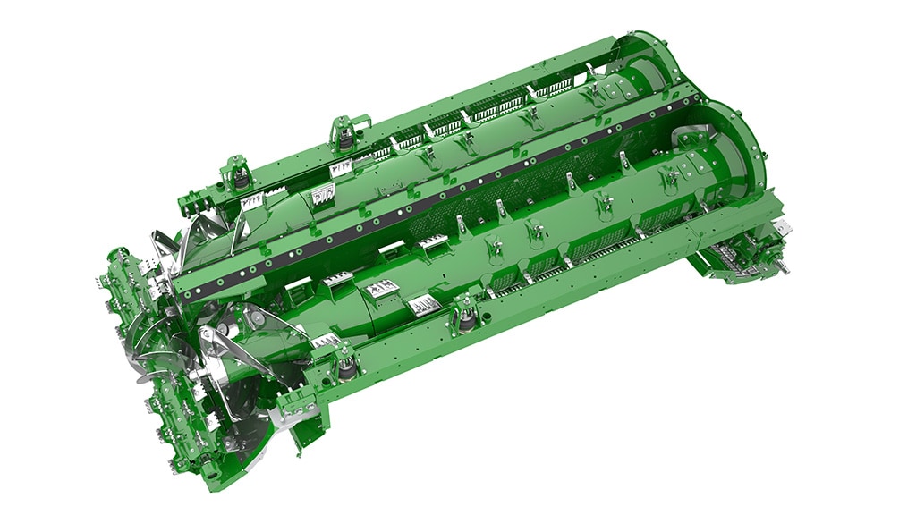 Photo of the Dual Separator that comes on a John Deere X9 Combine. Shown on a white background