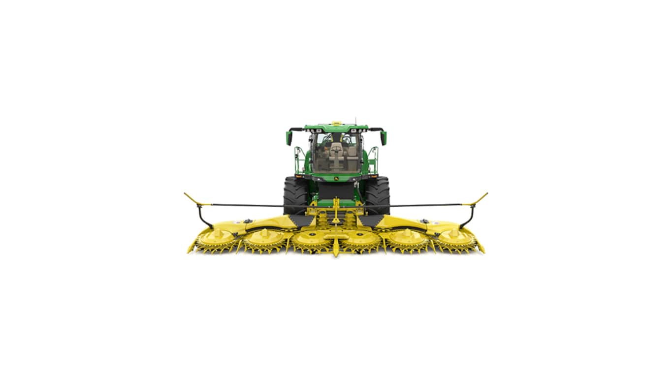A front-facing green F9 1000 self-propelled forage harvester with a yellow header on a white background.