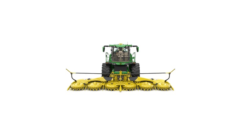 A front-facing green F9 1000 self-propelled forage harvester with a yellow header on a white background.