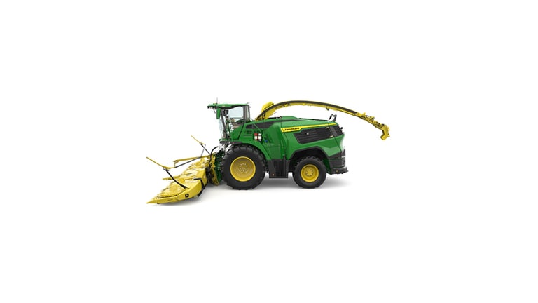 A left-facing green F9 1000 self-propelled forage harvester with a yellow header on a white background.