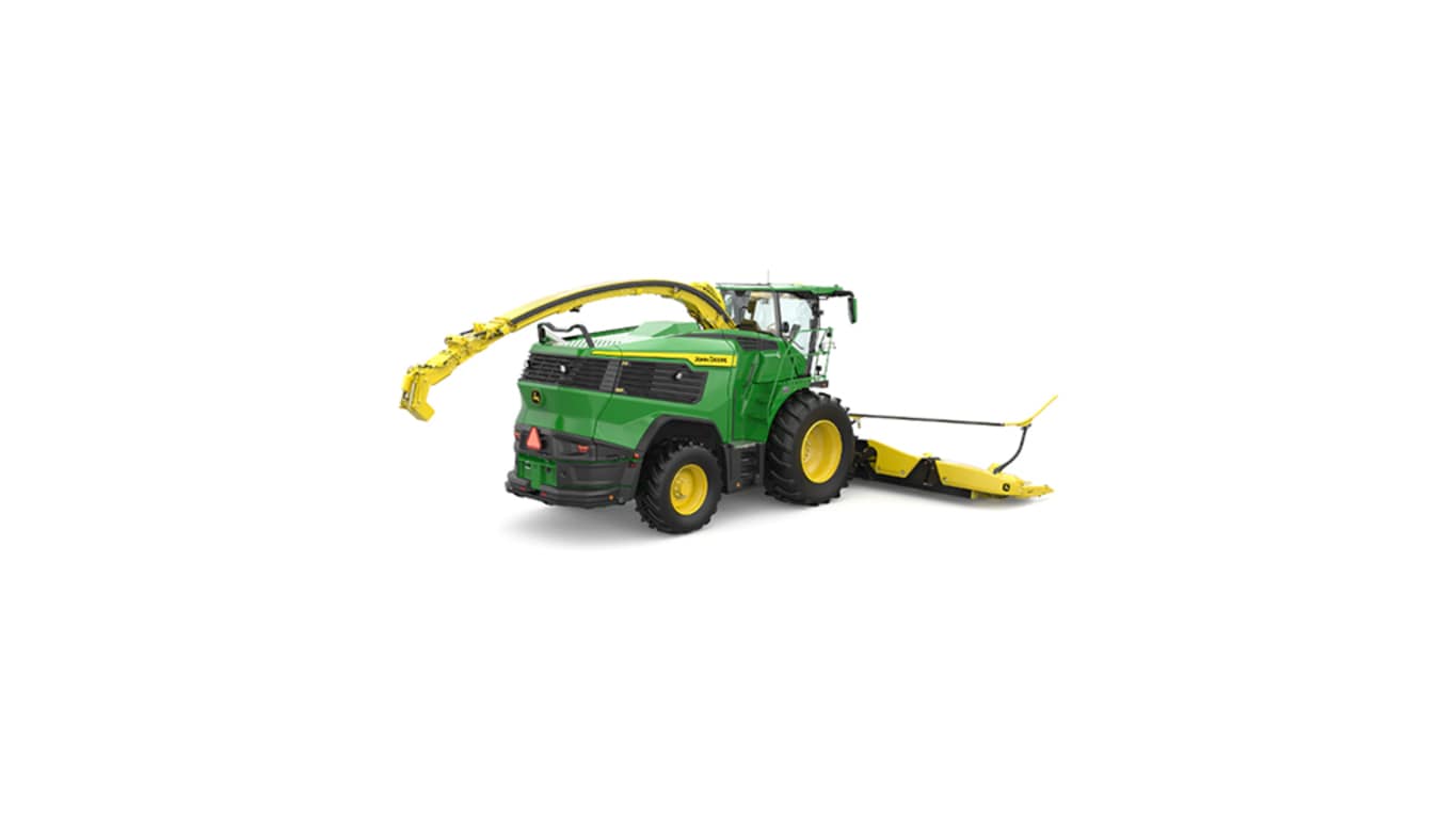 A rear-right-facing green F9 1000 self-propelled forage harvester with a yellow header on a white background.